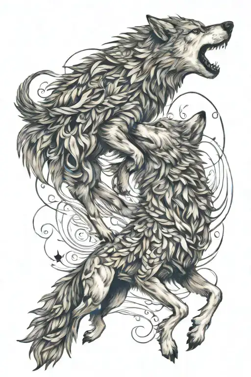 Wolf And Phenix Dancing Together