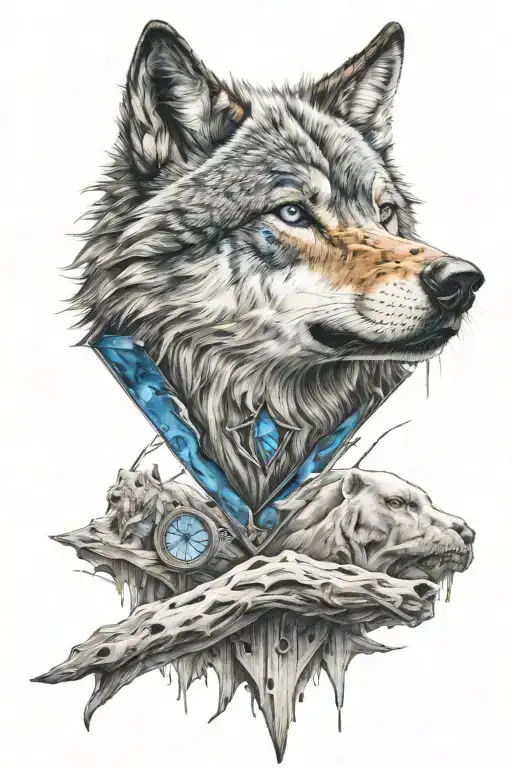 Cross Goinf Through A Wolf Face With Blue Eyes