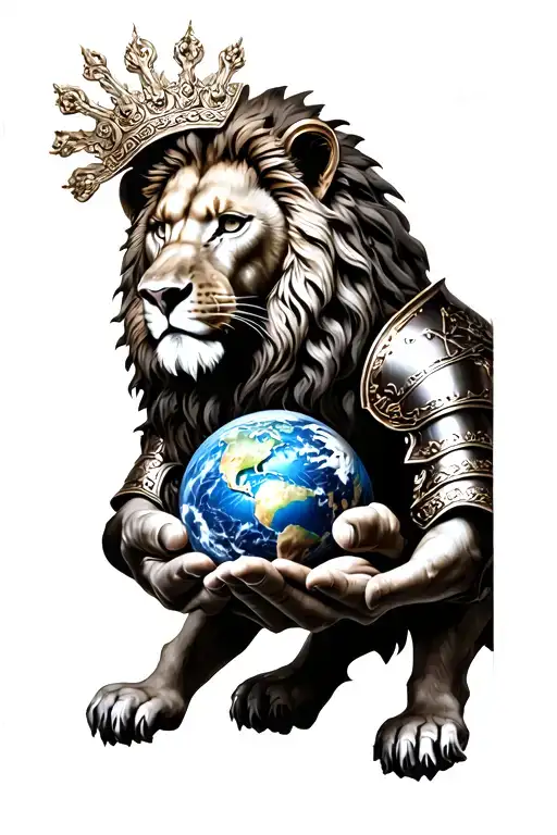 A Lion Wearing An Roman Armor Holding The World In His Hands