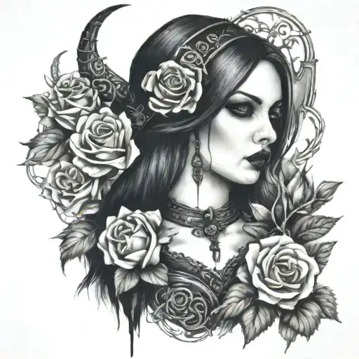 Beautiful Goth Girl In Medieval Style With Horn With Roses With Beautiful Gothic Scenery