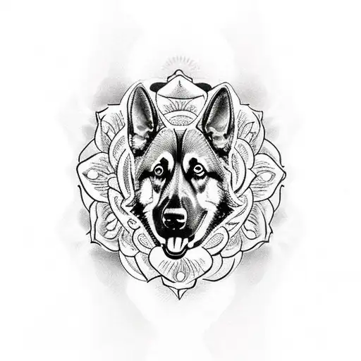 German Shepherd With Roses And Mandala