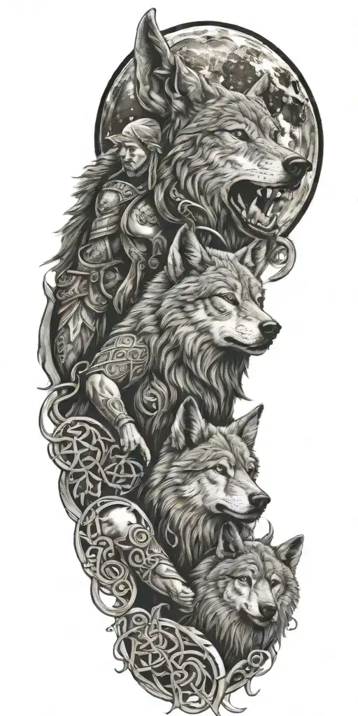 Celtic Warrior And A Wolf Howling At The Moon