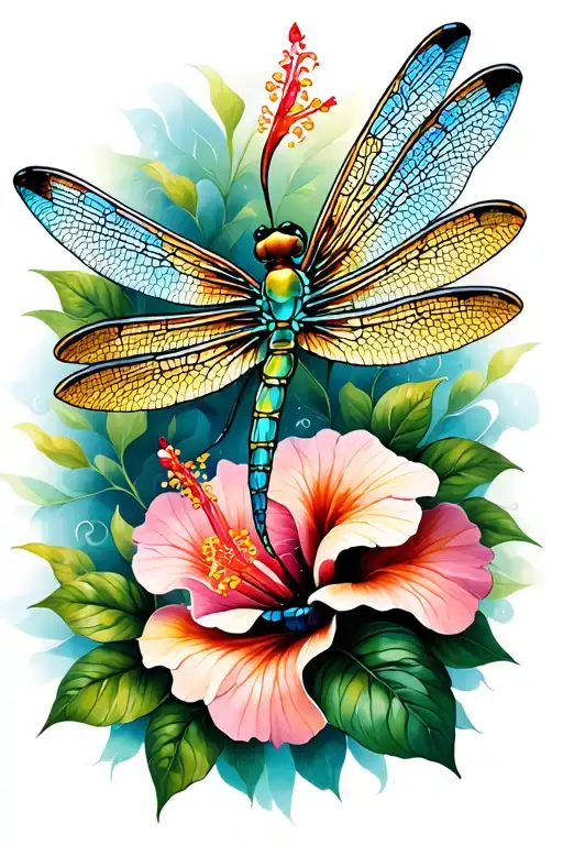 Dragonflies With Stained Glass Wings Intertwined With Hibiscus