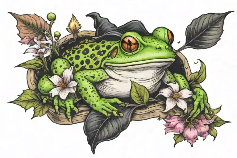 Witch Frog With Potion Bottle And Flowers