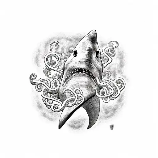 Shark Behind Neptune God With Tridant And Octopus At The Bottom