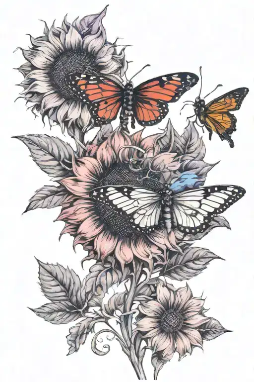 2 Red Sunflowers With A Ladybug And Dragonfly With Purple And Blue Stormy Sky Background