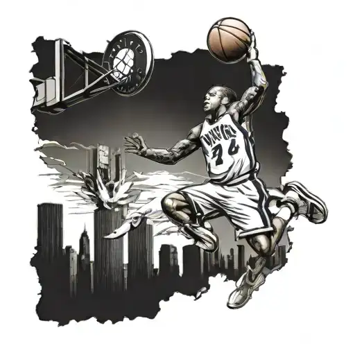 A Realistic Depiction Of A Basketball Player Dunking With A Background Of New York City Skyscrapers