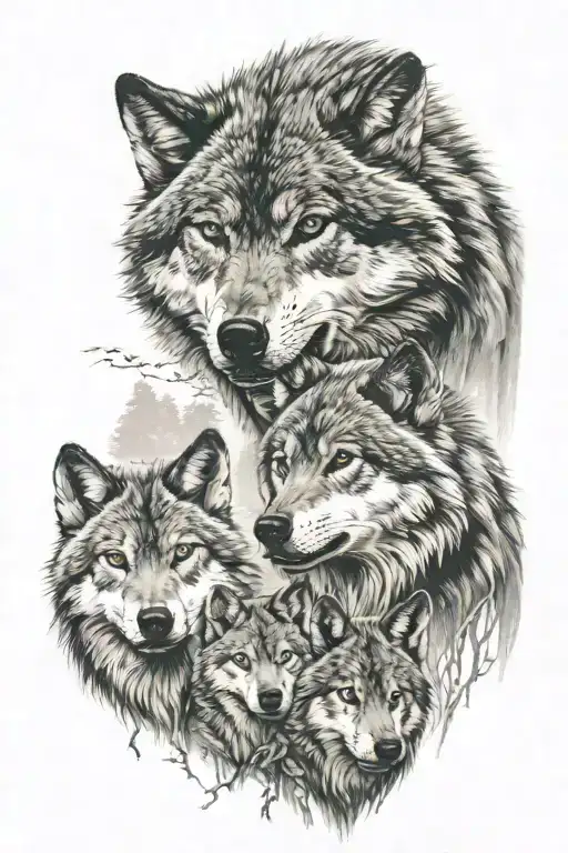 Wolf Pack 2 Adults 3 Cubs Woods