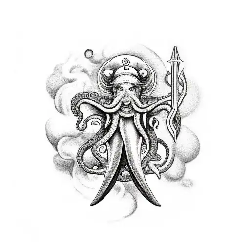 Neptune God With Shark Above Him And Octopus At The Bottom