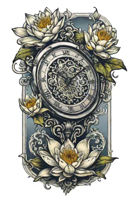Water Lily On Top Of Hourglass With Clock