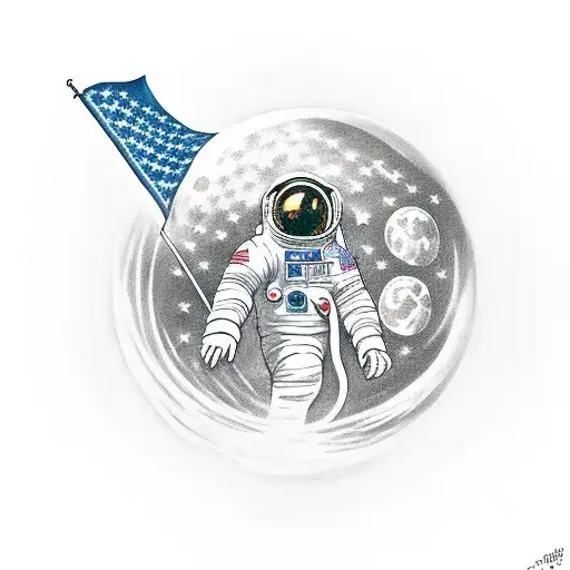 Astronaut Standing On Moon Holding Flag Stabbed On Moon Surface