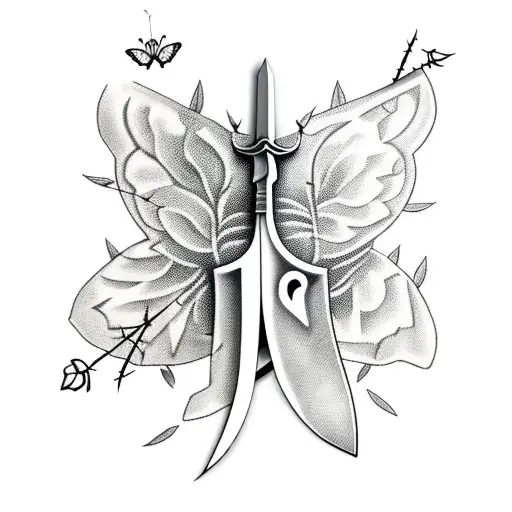 Sword With Thorns Wrapped Around It And Butterflies