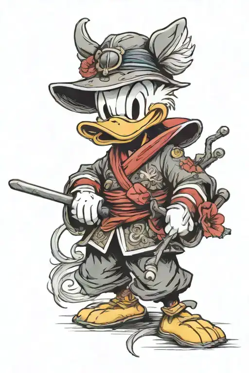Donald Duck As A Samurai With A Poppy Flower