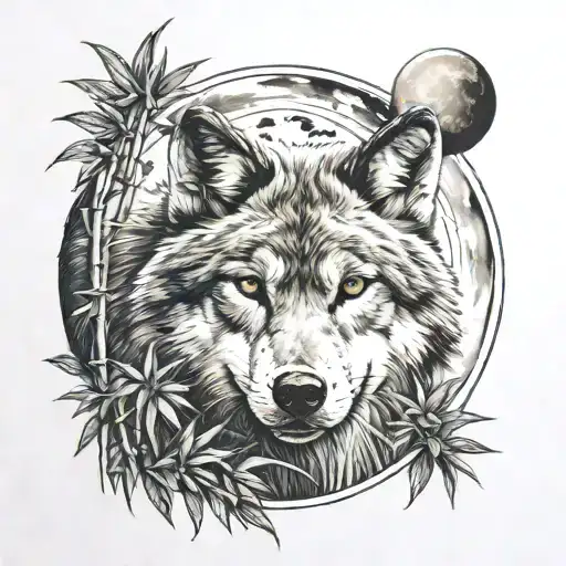 Wolf With Moon And Bamboo Forest