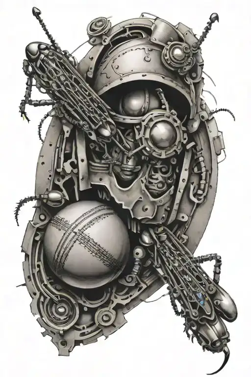 An Abstract Tattoo Featuring A Cricket Ball Morphing Into A Machine In A Dotwork Style
