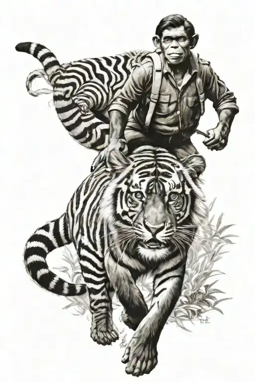 Chimpanze Riding On A Bengal Tiger
