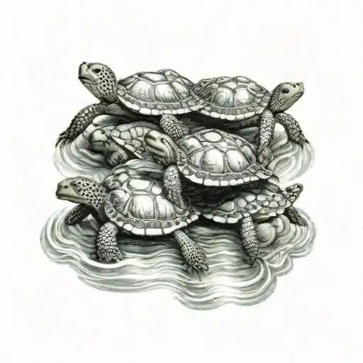 6 Baby Turtles Swiming In A Line