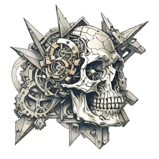 An Upside Down Sharp Prism Covered By Mechanical Engineering Components And A Skull Incorporated