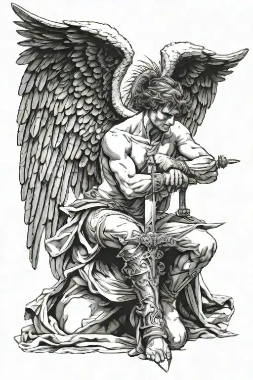 Shirtless Male Angel Kneeling Leaning On Sword