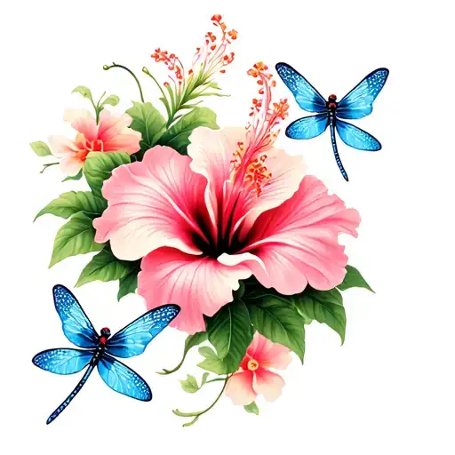 Dragonflies And Hibiscus Flowers Growing