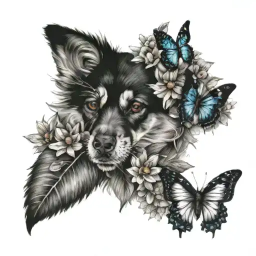 Dog Paw Print With Butterflies And Flowers With Leaves