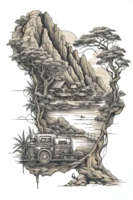 A Creative Tattoo Merging The Landscapes Of Goa And Ladakh With Musical Elements In A Sketch Style