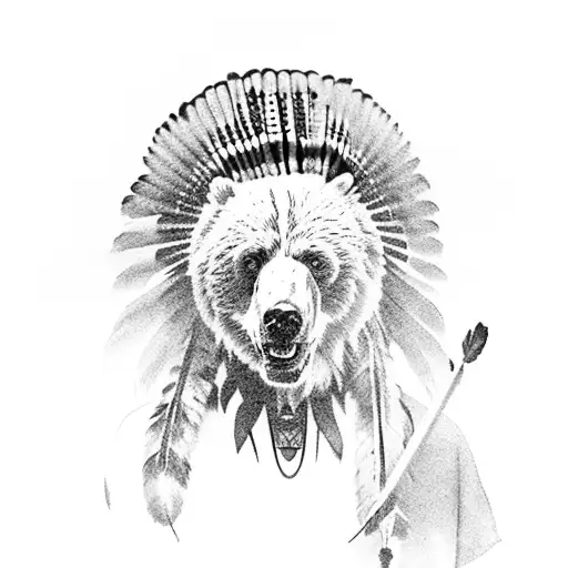 Native American Men On His Knees With A Head Of A Bear