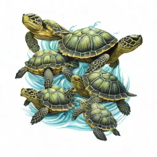 6 Baby Turtles Swiming In The Ocean
