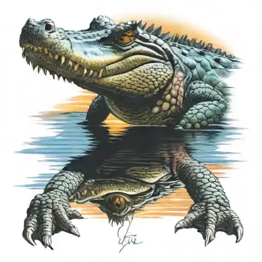 Crocodile With Colors Sunset Over Lake