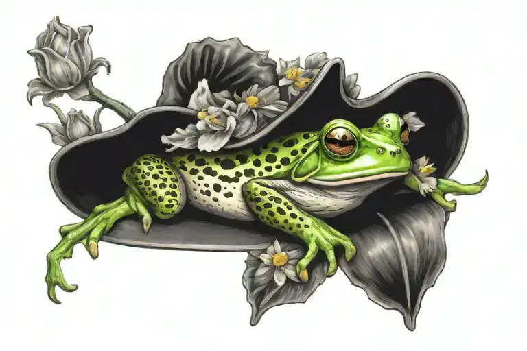 Frog With Witch's Hat And Flowers