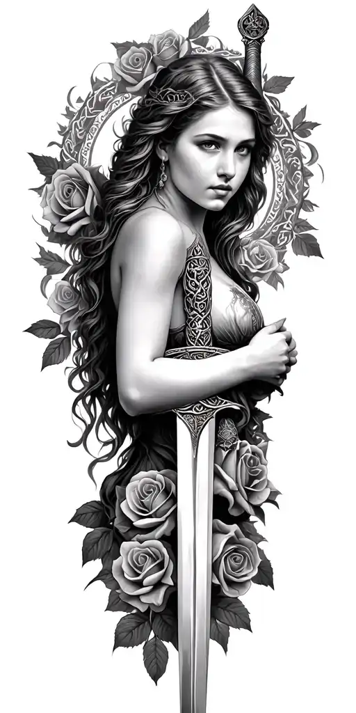 Very Old Celtic Woman Posing Holding A Sword And The Woman Is Surrounded In A Circle Of Roses