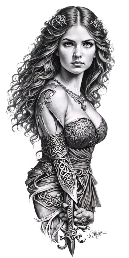 Celtic Woman Posing Holding A Sword