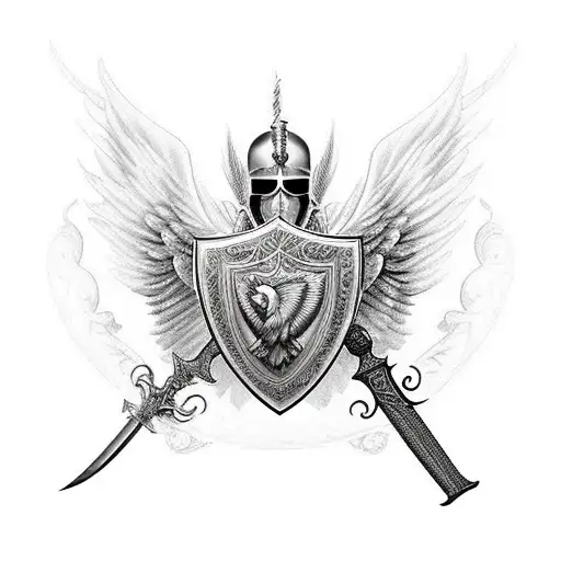 Black And White Tattoo Of A Male Guardian Angel With A Sword And A Shield