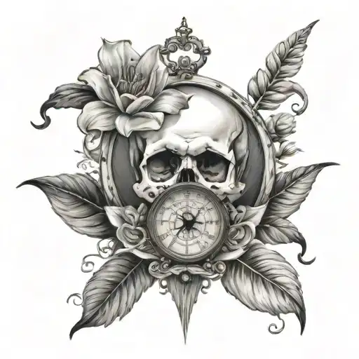 Skull Compass Clock Lilly Flower