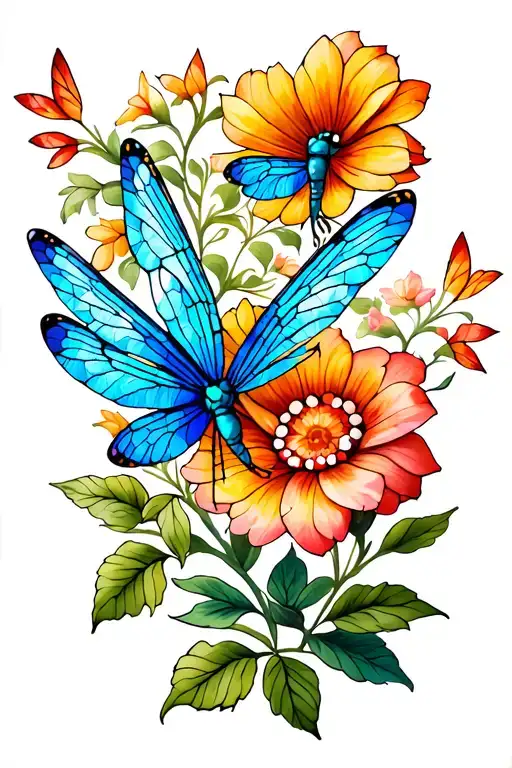 Dragonflies With Stained Glass Wings Entertained With Blooming Flowers