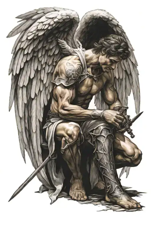 Shirtless Male Angel Kneeling Leaning On Sword Side View