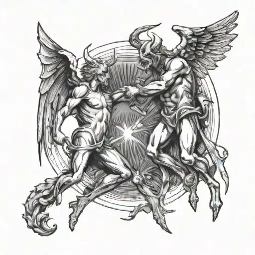 A Tiny Minimalist Design Of A Devil And Angel Facing Off In A Duel