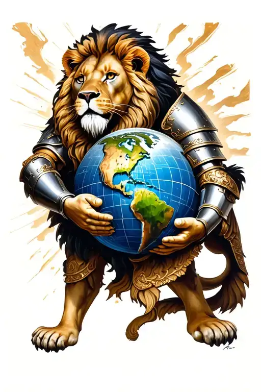 A Lion Wearing An Roman Armor Holding The World In His Hands