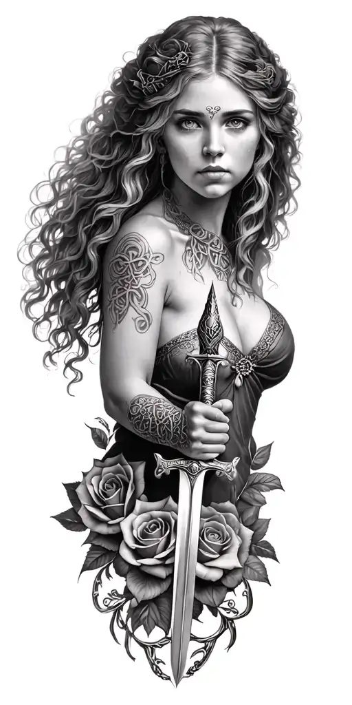 Old Celtic Woman Posing Holding A Sword And The Woman Is Surrounded In A Circle Of Roses