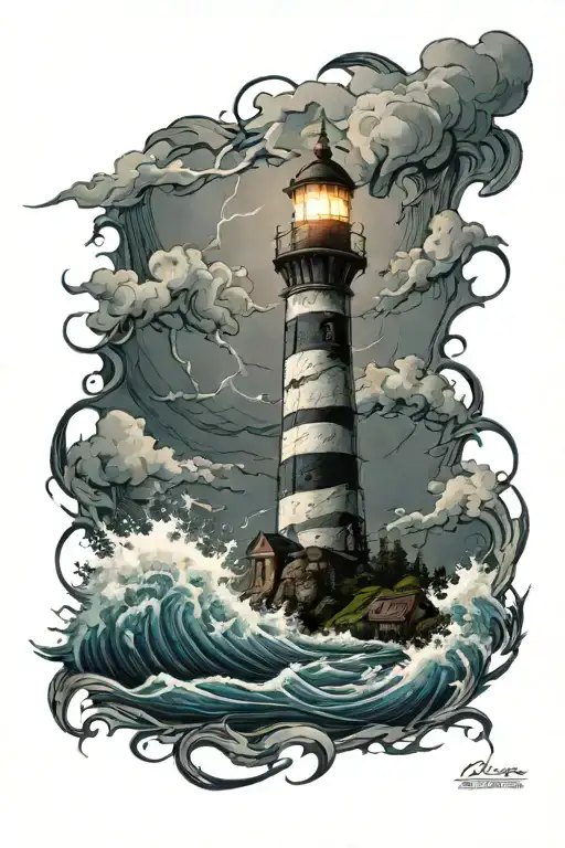Gothic Lighthouse With Lightning Bolts And Waves Crashing Into It