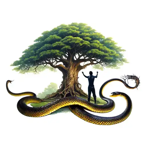 Adam And Even In Front Of Tree Of Life With Snake Wrapped Around