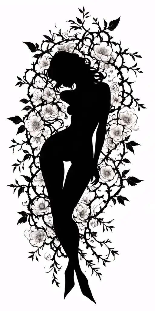 Sensual Woman Full Body Silhouette Intertwined With Vines And Flowers Loosely