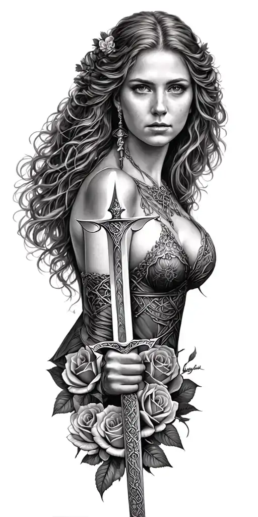 Celtic Woman Posing Holding A Sword And The Woman Is Surrounded In A Circle Of Roses