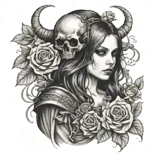 Beautiful Goth Girl In Medieval Style With Horn Skull With Roses