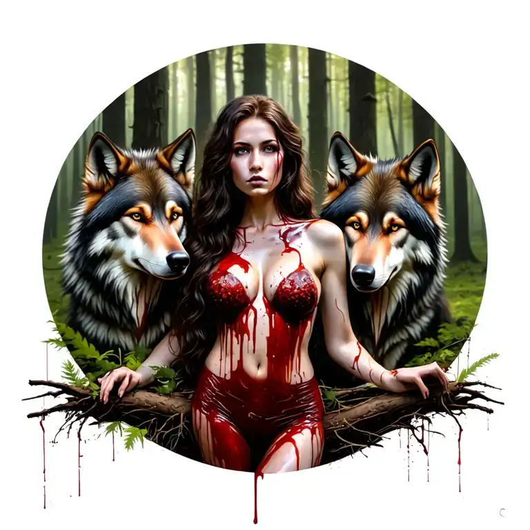 Sexy Bloody Women Background In The Forrest With Wolves