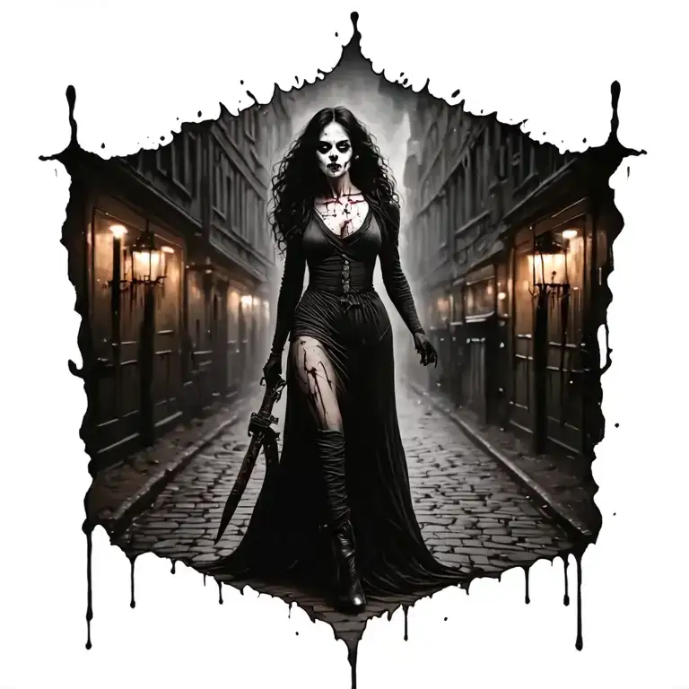 Woman Full Body Bloody Jack The Ripper Walking Knife