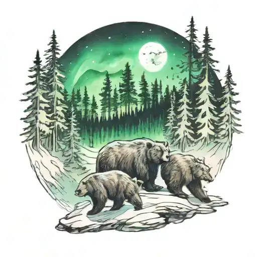 A Family Of Bears Roaming Through A Forest With The Northern Lights Shining Above