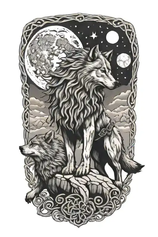 Celtic Warrior And A Wolf Howling At The Moon