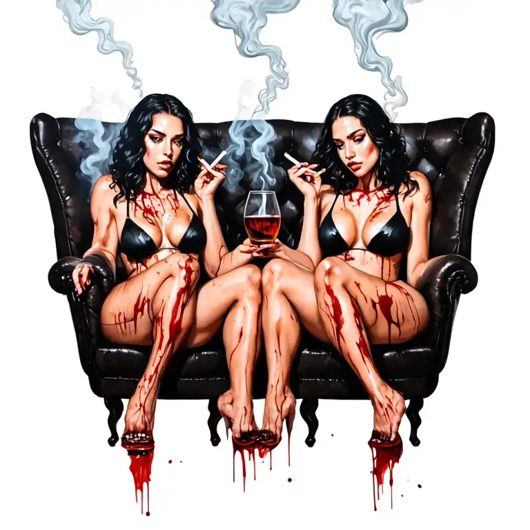 Sexy Bloody Women Sitting Alcohol Smokes Cigarette