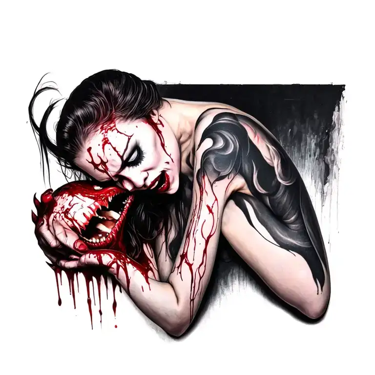 Sexy Bloody Vampire Women Full Body Biting Head Tattoo Holding
